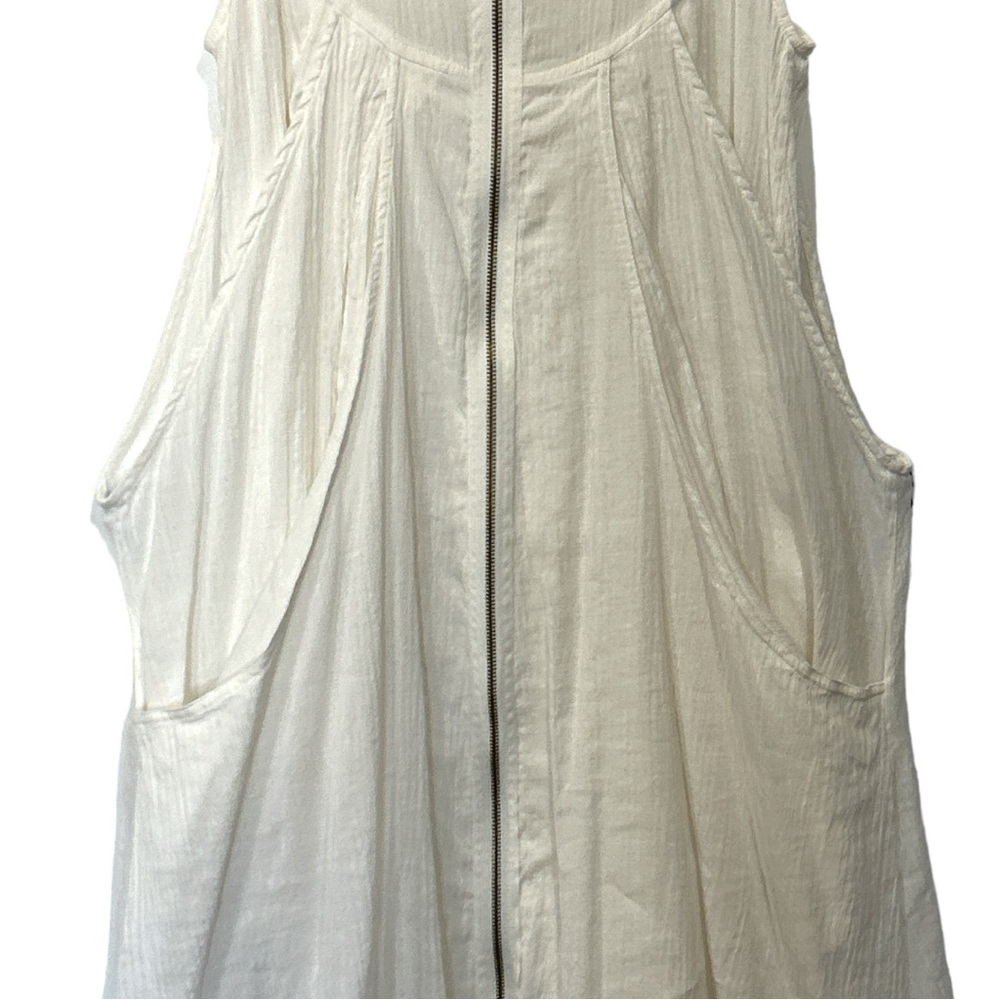 Ethnic Lagenlook White Gauze Linen Full Zip Sleeveless Midi Dress with Pockets M - Picture 4 of 11